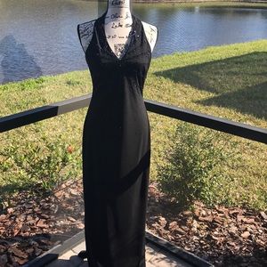 Niki Livas black beaded halter gown. NWOT